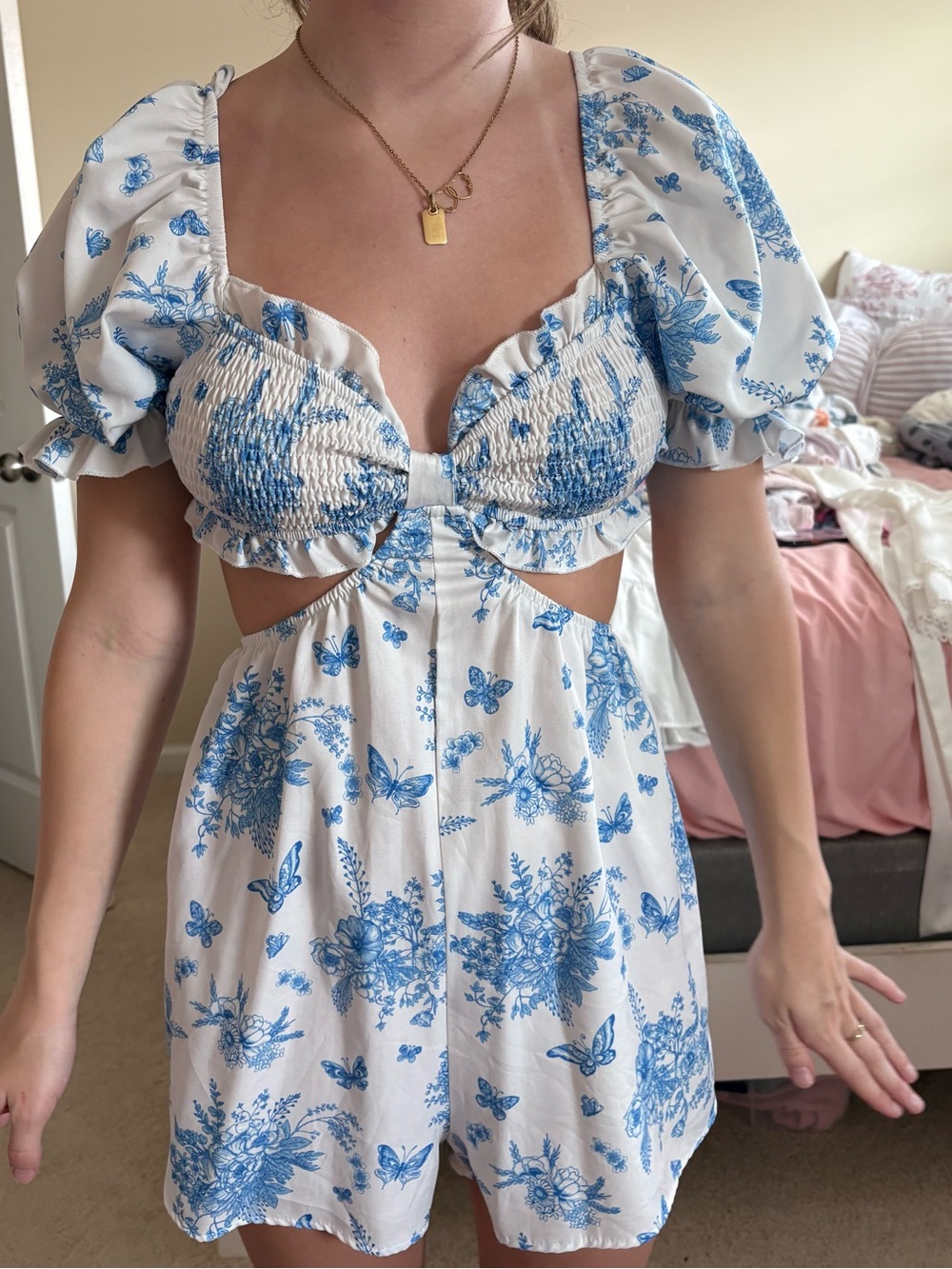 SHEIN White Mini Dress with Blue Floral & Butterfly Print